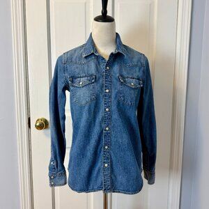 Lucky Brand Women’s Blue Denim Pearl Snap 100% Cotton Western Style Shirt, S